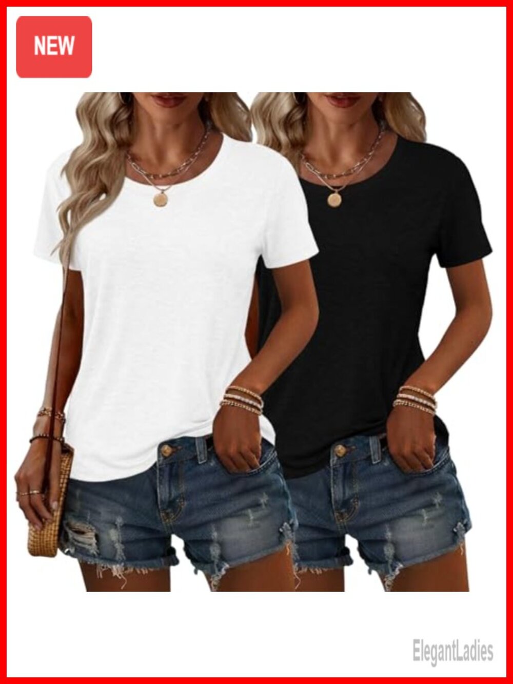 2 Pack Women's Short Sleeve Crew Neck Loose Fit Basic Tee Summer Tops